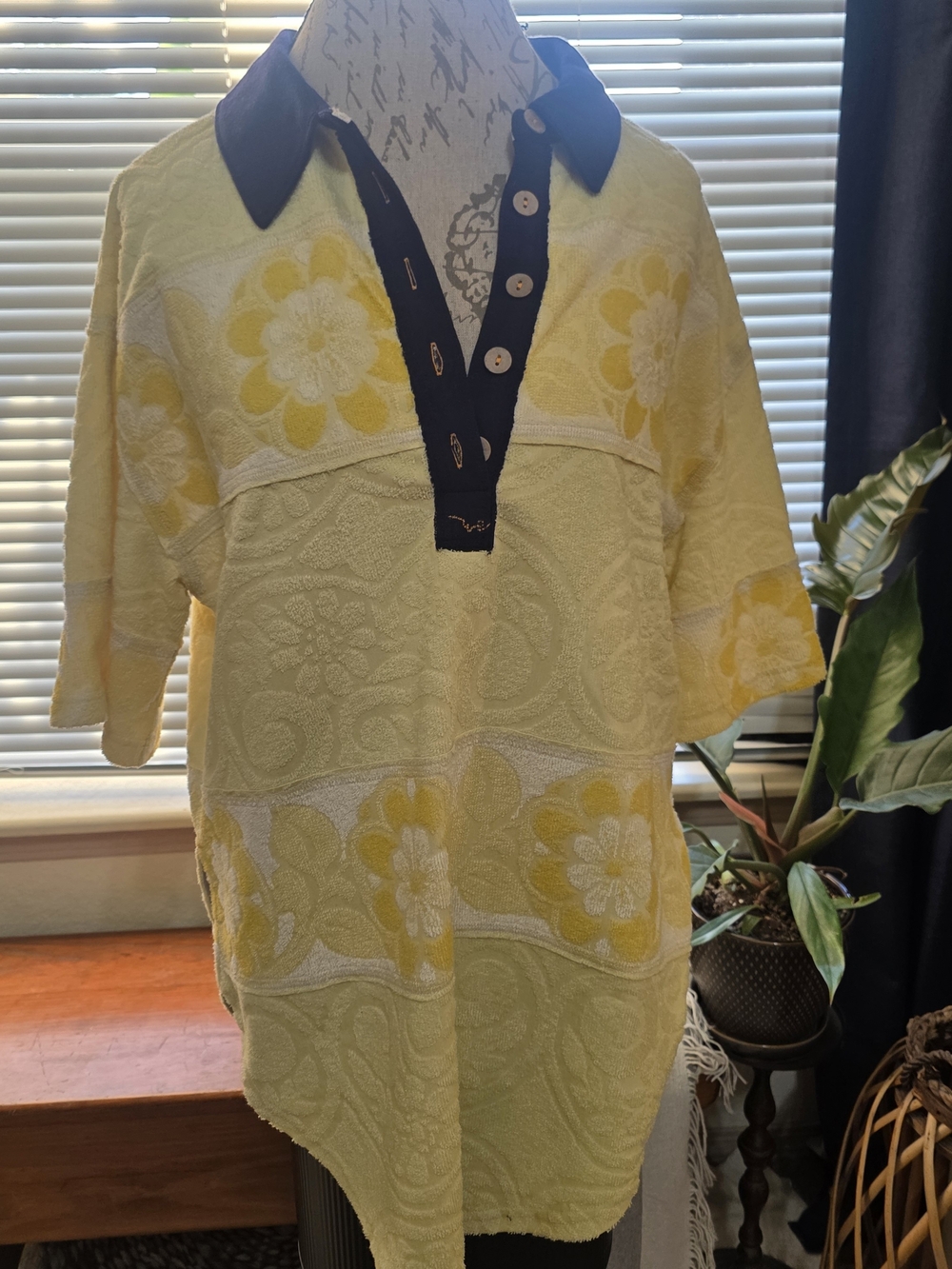 We The Free Yellow Floral Terry Polo Cover Up with Navy Trim Tunic Top